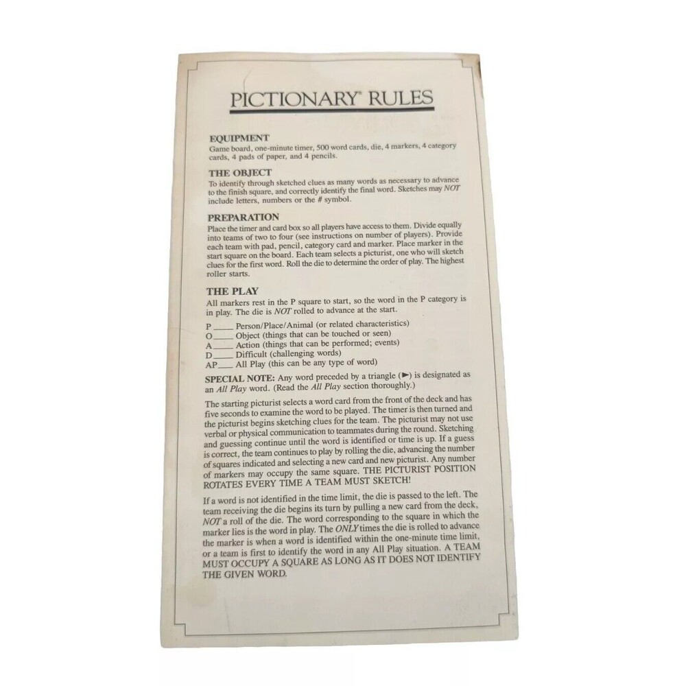 Vintage 1985 Pictionary 1st Ed. Replacement Rules Instructions Directions ONLY